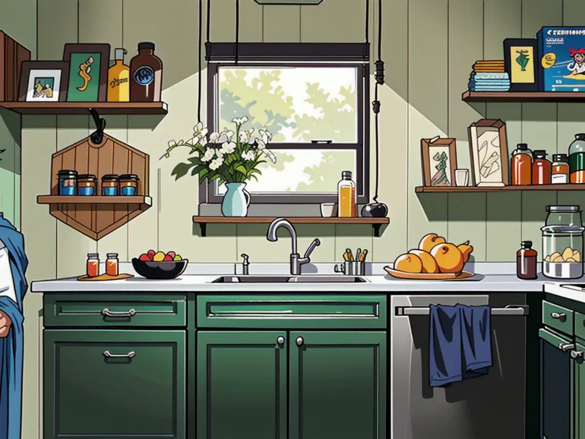 Open kitchen showcasing exposed shelving units.