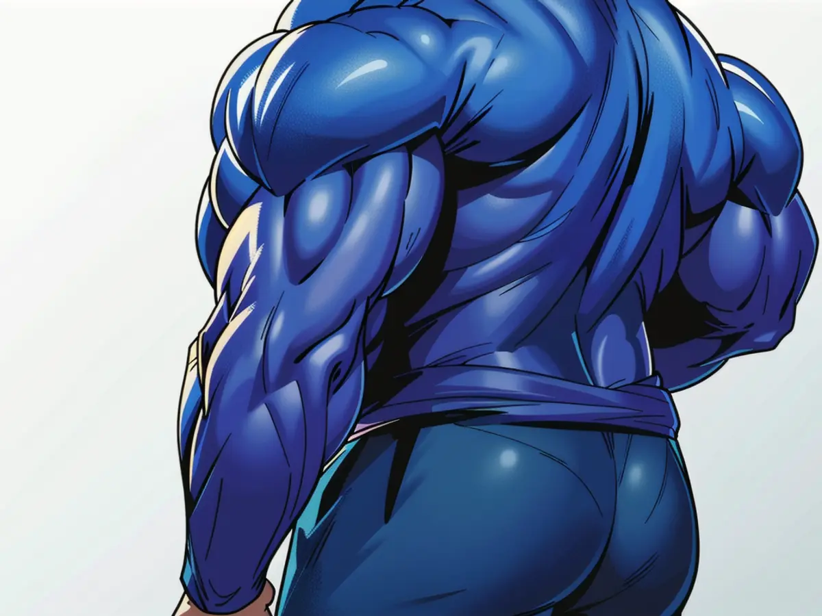 Individual clad in a blue hoodie, with the hood concealing their face, and baggy jeans, casually positioned in a laid-back atmosphere.