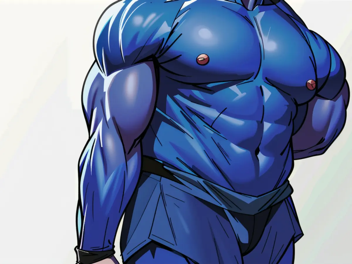 Individual in a blue hoodie with hood covering head and loose-fitting jeans, leisurely standing in a relaxed environment, facing opposite direction.