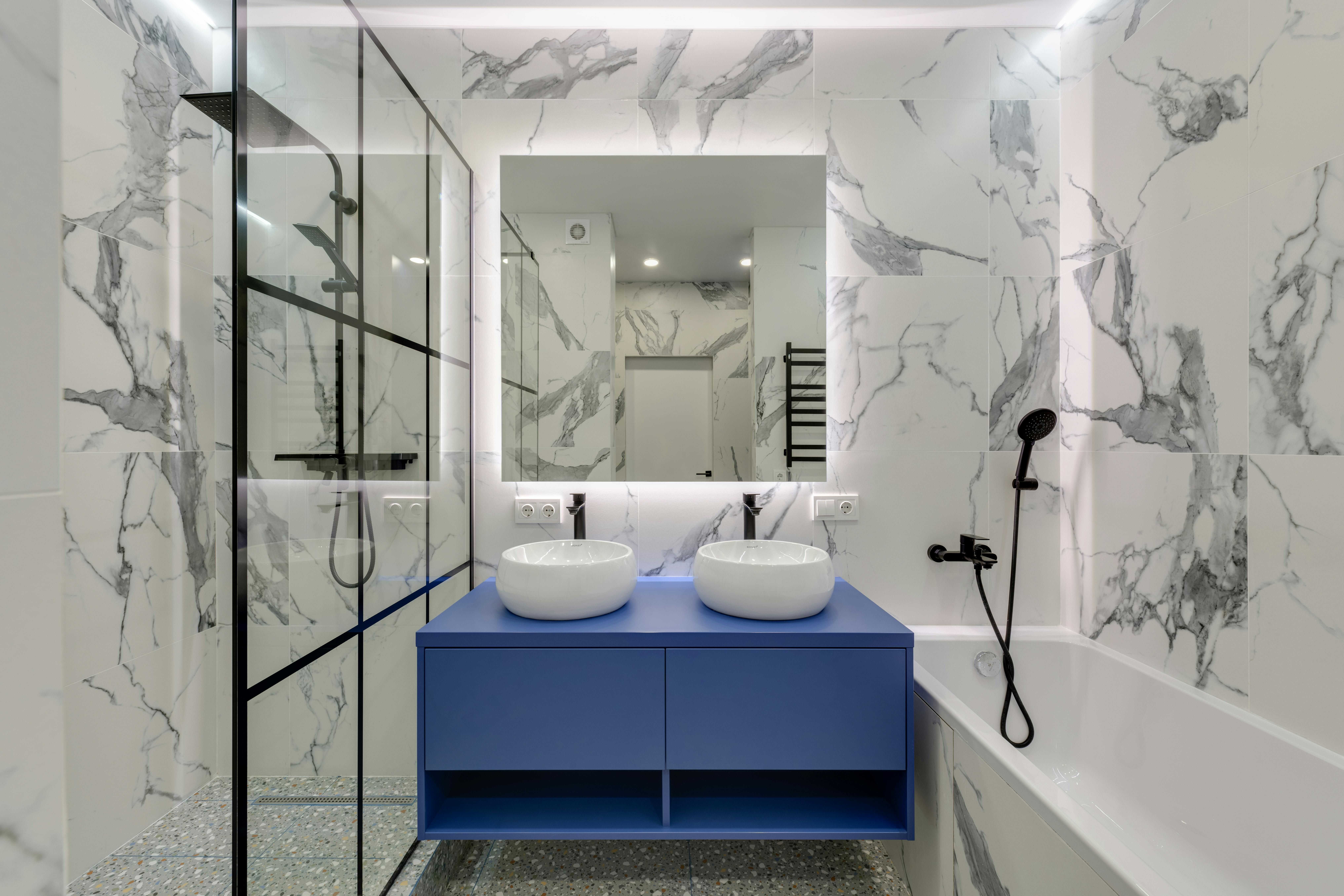 Revamped White Bathroom Vanity incorporating Blue Tiles Ninety-Nineties Home Decor Revivals We're Appreciative to Witness Once More